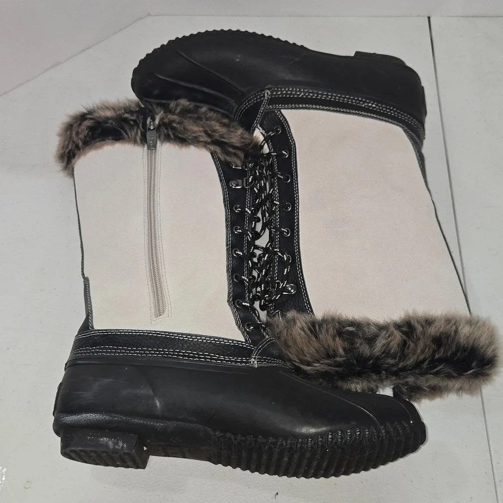 Sporto Nasha Womens Duck Boots Black White Faux Fur Trim Lace Up Size 11M